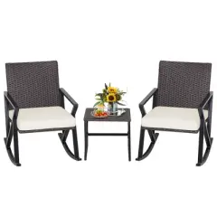 Costway 3PCS Patio Rattan Wicker Rocking Chairs Table Bistro Set Cushioned Rocker Garden