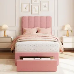 2 Sets Twin Bed Frame with Under-Bed Drawer, Boucle Upholstered Platform Bed with Wave Headboard, Wooden Slats Support, No Box Spring Needed, Pink