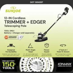 Sun Joe 24V 12 Inch Multi-Angle Head Cordless Dual Line String Trimmer with Auto-Feed Spool, for Trimming Grass & Edging Flowerbeds, 24V-ST14-CT