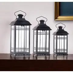 HomeRoots Set of Three Gray Distressed Geometric Glass And Metal Floor Lantern Candle Holders