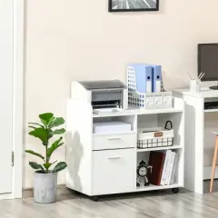 Vinsetto Filing Cabinet Printer Stand Mobile Lateral File Cabinet with 2 Drawers, 3 Open Storage Shelves for Home Office Organization, White