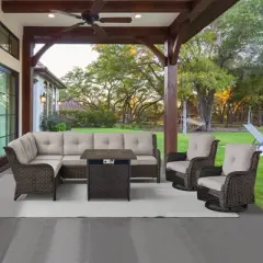 POCASSY 5PCS Outdoor Furniture Set with 30" Propane Fire Pit Table, Outdoor L Shaped Couch Set with All Weather Wicker Sectional Sofa and Swivel Chair