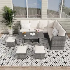 7-Piece Outdoor Patio Furniture Set &ndash; Rattan Chairs with Ottoman & Wood Coffee Table, Wicker Sectional Conversation Sofa in Beige