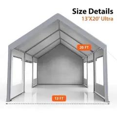 13 x 20 FT Metal Carport, with Side-Opening Door & Roll-Up Windows, All-Inclusive Metal Carport, Outdoor Portable Garage Shelters Tents, Grey