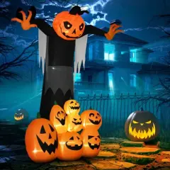 HOMCOM 106.25" Halloween Inflatables, Pumpkin Ghost with Pumpkin Patch, Outdoor Giant Blow Up Yard Decoration with Build-in LED