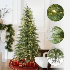 LuxenHome 6.5Ft Pre-Lit Green Cypress Artificial Christmas Tree with Metal Stand