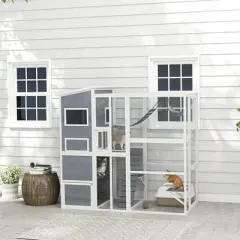 PawHut Catio Outdoor Cat Enclosure, 76" Large Wooden Cat House with 4 Tier Resting Rooms, 3 Platforms, 1 Soft Ladder, 2 Ramps, 1 Hammock, Gray