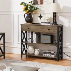 Yaheetech Vintage Wooden Console Table with Power Outlet Sofa Table