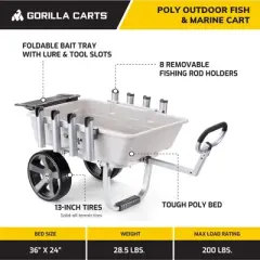 Gorilla Carts Poly Fish & Marine Cart, 5 Cu Ft Capacity, 200 lb Load Rating &ndash; Aluminum Frame, 13&rdquo; All-Terrain Tires, 8 Rod Holders, Foldable Bait Tray