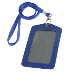 Unique Bargains Faux Leather Badge ID Card Vertical Holders Blue 2 Pcs with Neck Strap