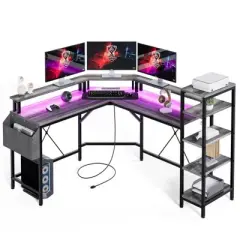 GustoWave 61 Inch L-Shaped Gaming Desk, Ergonomic Computer Desk, with 5-Tier Shelves, LED,Storage Bag, Corner Computer Table,Gray