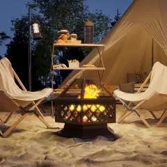 Outsunny 28" Outdoor Fire Pit with Grill, Wood Burning Firepit with Poker and Lid, Hexagon Fireplace for Patio Bonfire Backyard BBQ Camping Picnic