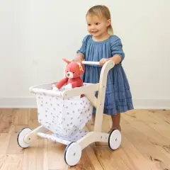 Hearthsong Wooden Shopping Cart for Pretend Play with Natural Finish, Real Rolling Wheel and Removable Cloth Basket