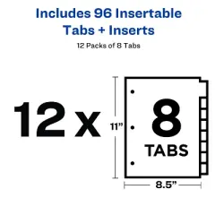Office Essentials Insertable Plastic Tab Dividers for 3 Ring Binders, 8-Tab Sets, Clear Tabs, 12 Sets (21942)