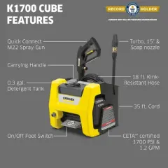 Karcher K1700 CUBE Electric Pressure Washer, 1700 PSI, 1.2 GPM, CETA Certified