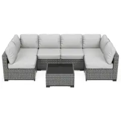 7 Piece Patio Furniture Set - PE Rattan Wicker Sectional Sofa with Cushions & Glass Coffee Table for Garden, Balcony, Porch, Backyard