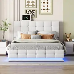 Queen Size PU Tufted Upholstered Platform Bed with Hydraulic Storage System, LED Lights and USB charger-ModernLuxe