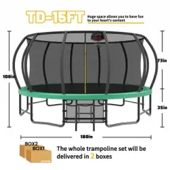 QingMoon 15 FT Pumpkin Style Big Trampoline With Basketball Hoop Ladder Enclosure Net And Anti Rust Coating Easy To Install For Kids & Adults