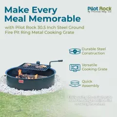 Pilot Rock 30 Inch Heavy Duty Steel Ground Fire Pit Ring Insert Liner and Metal Cooking Grate