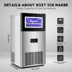 RAPSUAR 15in. 160Lbs/24H Stainless Steel Ice Maker with 35LBS Storage Bin