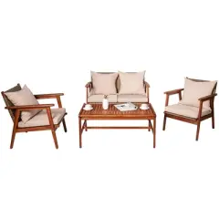 Costway 4PCS Patio Rattan Furniture Set Acacia Wood Frame Cushioned Sofa Chair Garden