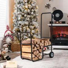 Tangkula Firewood Log Cart Carrier, Wood Hauler with 2 Rubber Wheels & Ergonomic Handle Heavy-Duty Steel Frame Indoor Outdoor Fireplace Tools