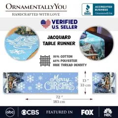 Gracefully Artful Winter Cabin 72" Table Runner, Merry Christmas Blue Rectangle Tablecloth with Snowflakes| OrnamentallyYou