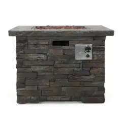 35 Inch Square Outdoor Fire Pit with Built In Propane Tank Storage and Stone Inspired Design