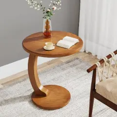 Tribesigns Round Side Table, Wooden C-Shaped End Table, Mid-Century Couch Side Table, Small Boho Side Table for Living Room, Bedroom