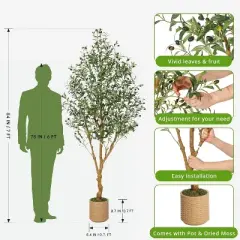 Olive Trees Artificial Indoor, Artificial Plants, Olive Tree with Planter, Fake Topiary Silk Tree with Natural Wood Trunk and Lifelike Fruits