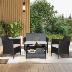 Costway 8PCS Patio Rattan Furniture Set Armrest Cushion Sofa Coffee Table with Shelf Garden