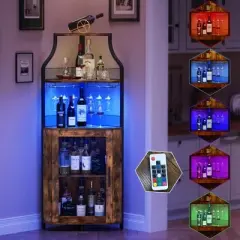 Whizmax Corner Bar Cabinet with LED Lights, Industrial Liquor Cabinet with Adjustable Shelf, 5-Tier Industrial Wine Cabinet with Glass Holder