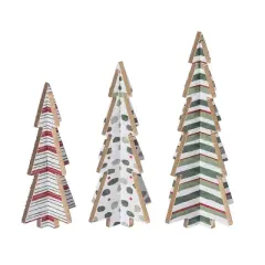 Transpac MDF Holiday Prints Triangle Trees Set of 3 Decorative Wood Christmas Sculptures Multicolor Tabletop Decor