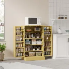 VINGLI Pantry Cabinet, Rattan Kitchen Storage Cabinet with 2 Doors and Adjustable Shelves, 40.5" H Food Storage Freestanding Cupboard in Dining Room