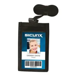 SICURIX ID Neck Pouch Badge Holder, Vertical, Adjustable Cord, 4" x 2-1/4" Insert, Black, Pack of 3