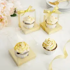 Sparkle and Bash 24 Pack Individual Cupcake Boxes Containers, Cupcake Carrier Holder with Gold Ribbon for Wedding Party Favors