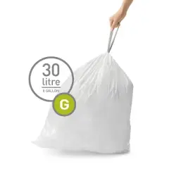 simplehuman 30L Code G Custom Fit Kitchen Trash Bag Liners 5 Quick-Dispense Packs - 100ct: 30 Liter Drawstring White Bags