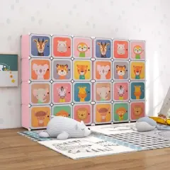 Costway 12-Cube Kids Wardrobe Baby Dresser Bedroom Armoire Clothes Hanging Closet with Door Blue/Pink