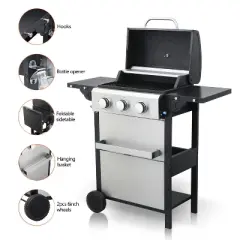 ELJGET 3/4 Burner BBQ Propane Gas Grill, Stainless Steel 30,000 BTU Patio Garden Barbecue Grill with Two Foldable Shelves