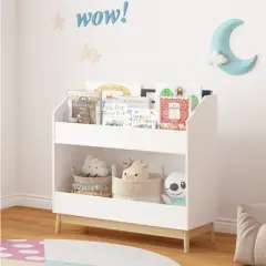 KTMBDW 3-Tier Kids Bookshelf - Toddler Book Display Shelves for Classrooms, Playrooms, and Nursery - Wooden Children Book Rack (White)