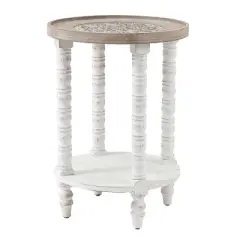 LuxenHome White and Natural Wood Round Accent Side Table with Storage.