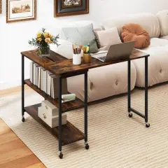 Costway 360&deg; Rotation Mobile Laptop Table with 2-Tier Storage Shelves & 6 Universal Wheels Coffee/Brown/Walnut