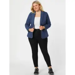 Agnes Orinda Women's Plus Size Denim Notched Lapel Color Block Stretch Blazer