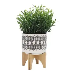 Geometric Ceramic Planter on Wooden Stand - Sagebrook Home