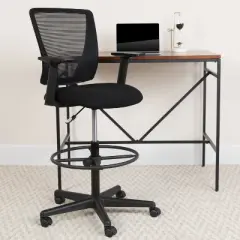 Flash Furniture Ergonomic Mid-Back Mesh Drafting Chair with Black Fabric Seat, Adjustable Foot Ring and Adjustable Arms