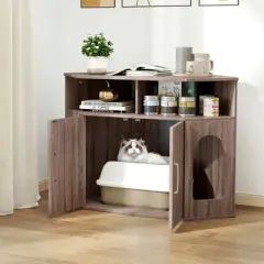 Tangkula 3-Tier Modern Corner Cat Litter Box Enclosure w/ Storage Shelves Double Doors