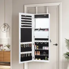 VECELO Jewelry Cabinet, Wall/Door Mounted Lockable Full-Length Mirrored Jewelry Cabinet, Interior Mirror and Makeup Light, White