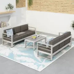 GDFStudio Ava Outdoor Aluminum and Glass 6 Seater Sofa Chat Set with Cushions, Silver/Gray
