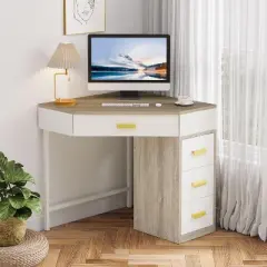 Tribesigns Corner Desk, Triangle Computer Desk with 3 Drawers for Home Office, 90-Degree Makeup Vanity Desk for Living Room, Bedroom