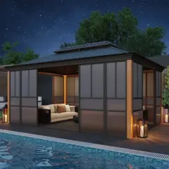 EROMMY 16 Ft. W X 12 Ft. D Outdoor Hardtop Gazebo, Double Top Galvanized Steel Roof Aluminum Sunroom